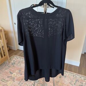 Vince Camuto Black Short-Sleeve Top with Lace Yoke